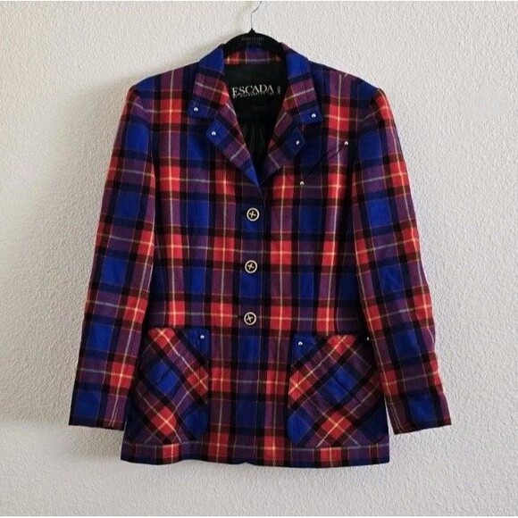 Escada By Margaretha Ley Blazer Size 38 Vintage 90s Pure New Wool Red Plaid US 8 - Picture 10 of 10